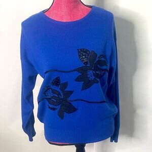 Vintage 80s blue pullover sweater w/ black appliqué & beads Westbound Size S